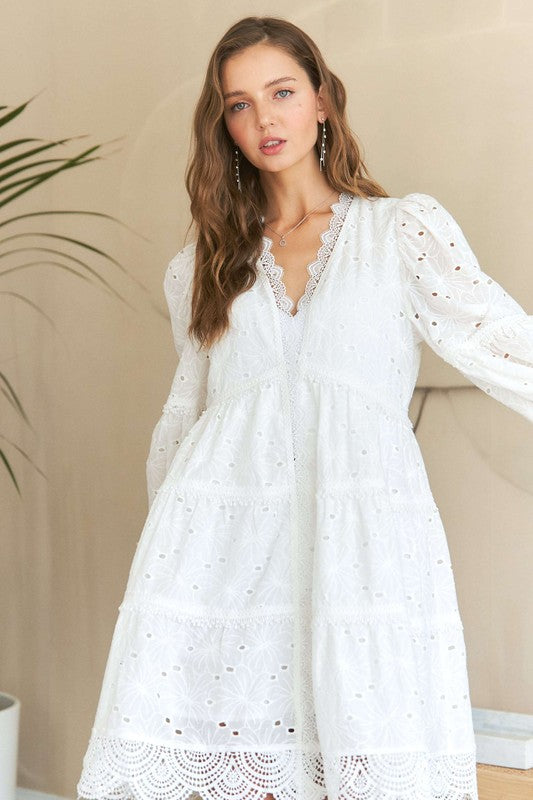 ADORA Lace Detail Tiered Eyelet V-Neck Babydoll Dress | White