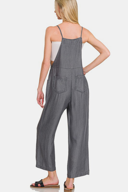 Zenana Enzyme Washed Adjustable Strap Pockets Wide Leg Denim Overalls | Black