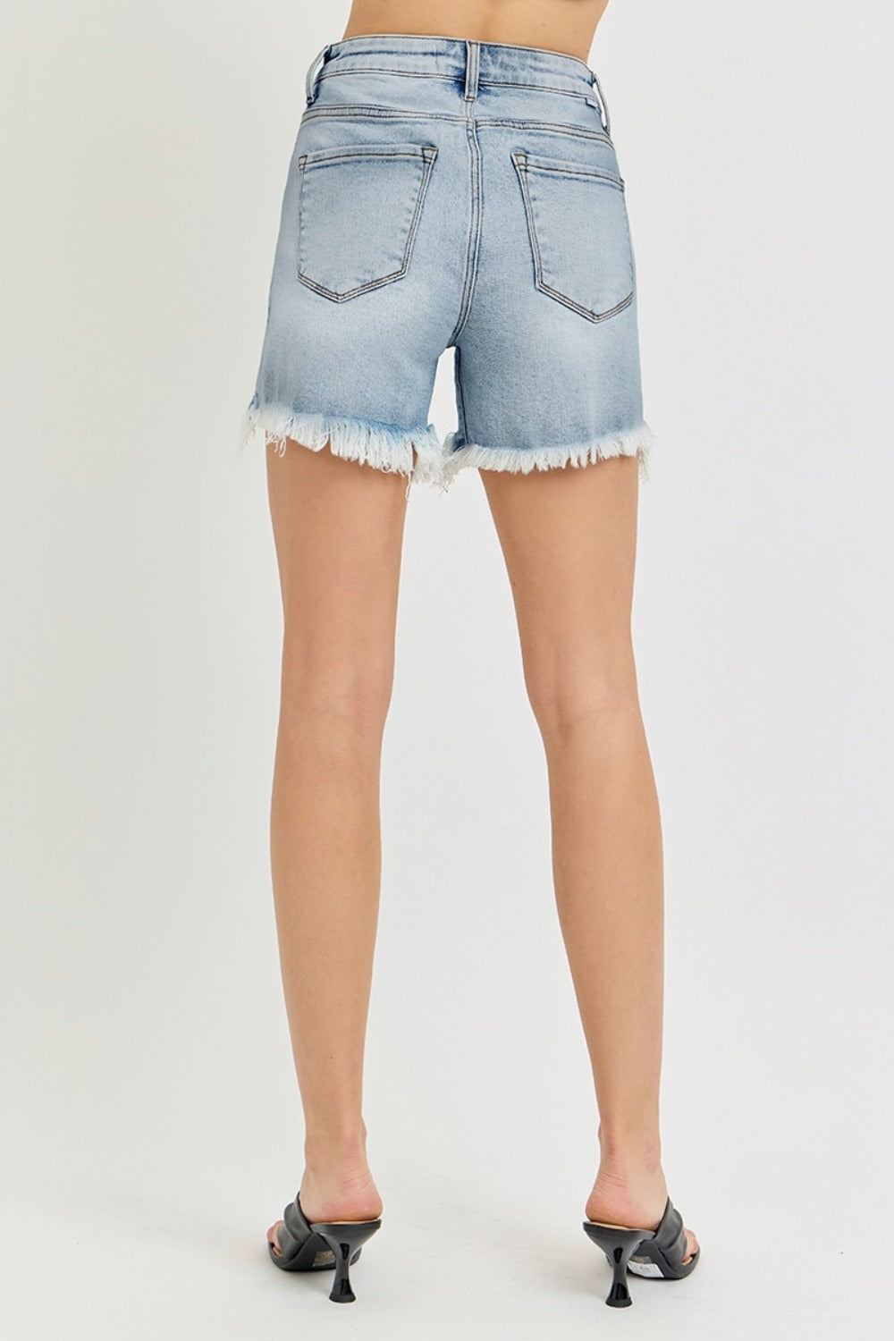 RISEN High Rise Side Step Hem Zipper Fly Light Wash Denim Shorts