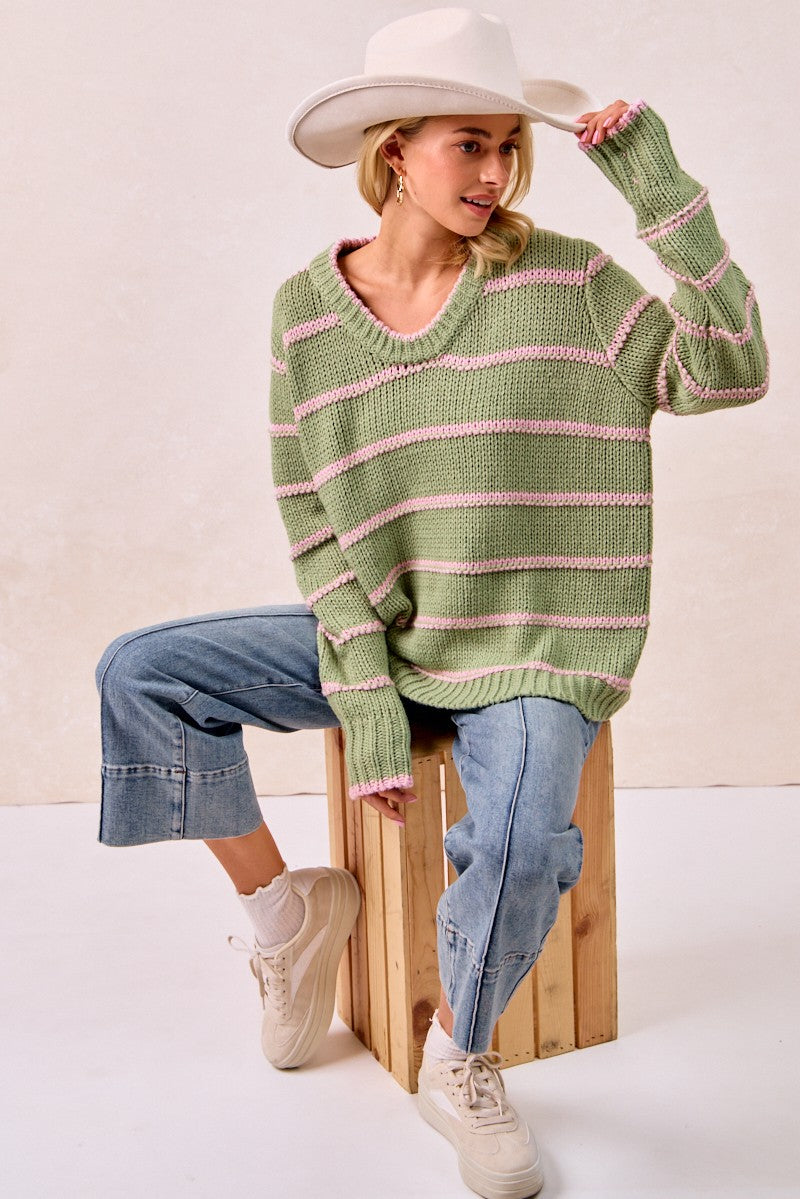 BiBi Striped Pattern Long Sleeves Oversized Ribbed Pullover Sweater | Marsala