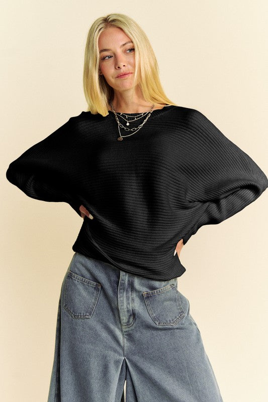 Davi & Dani Round Neck Batwing Sleeve Sweater | Black