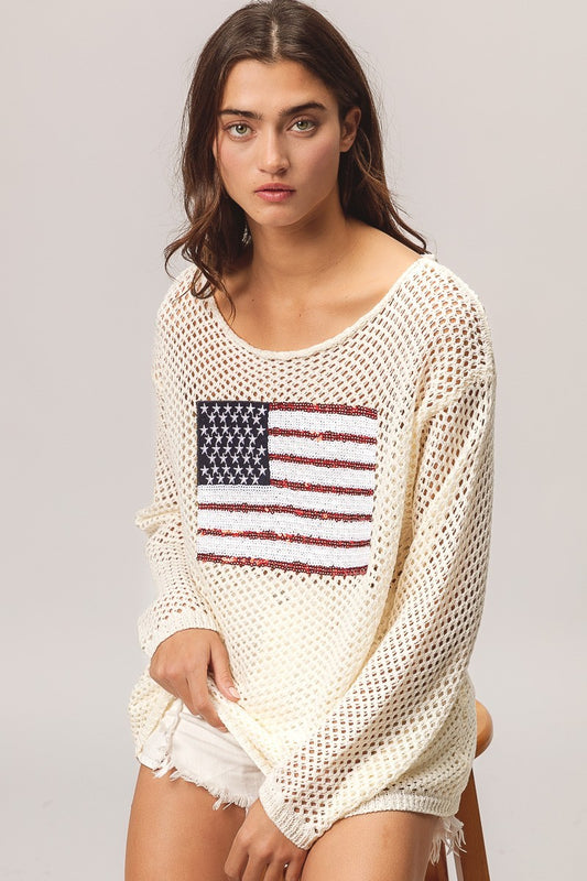 BiBi Sequin Embellishments American Flag Patch Open Knit Cover Up Top | Oatmeal