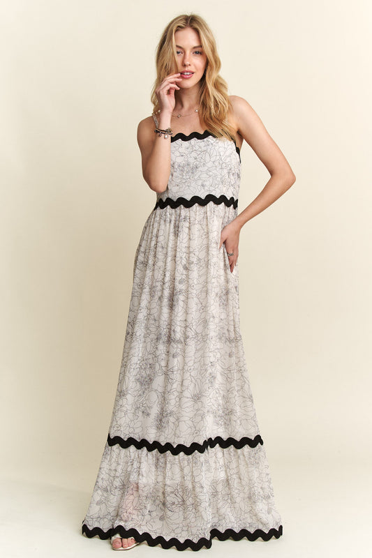 ADORA Floral Print Adjustable Strap Ric Rac Trim Detail Maxi Cami Dress | Ivory