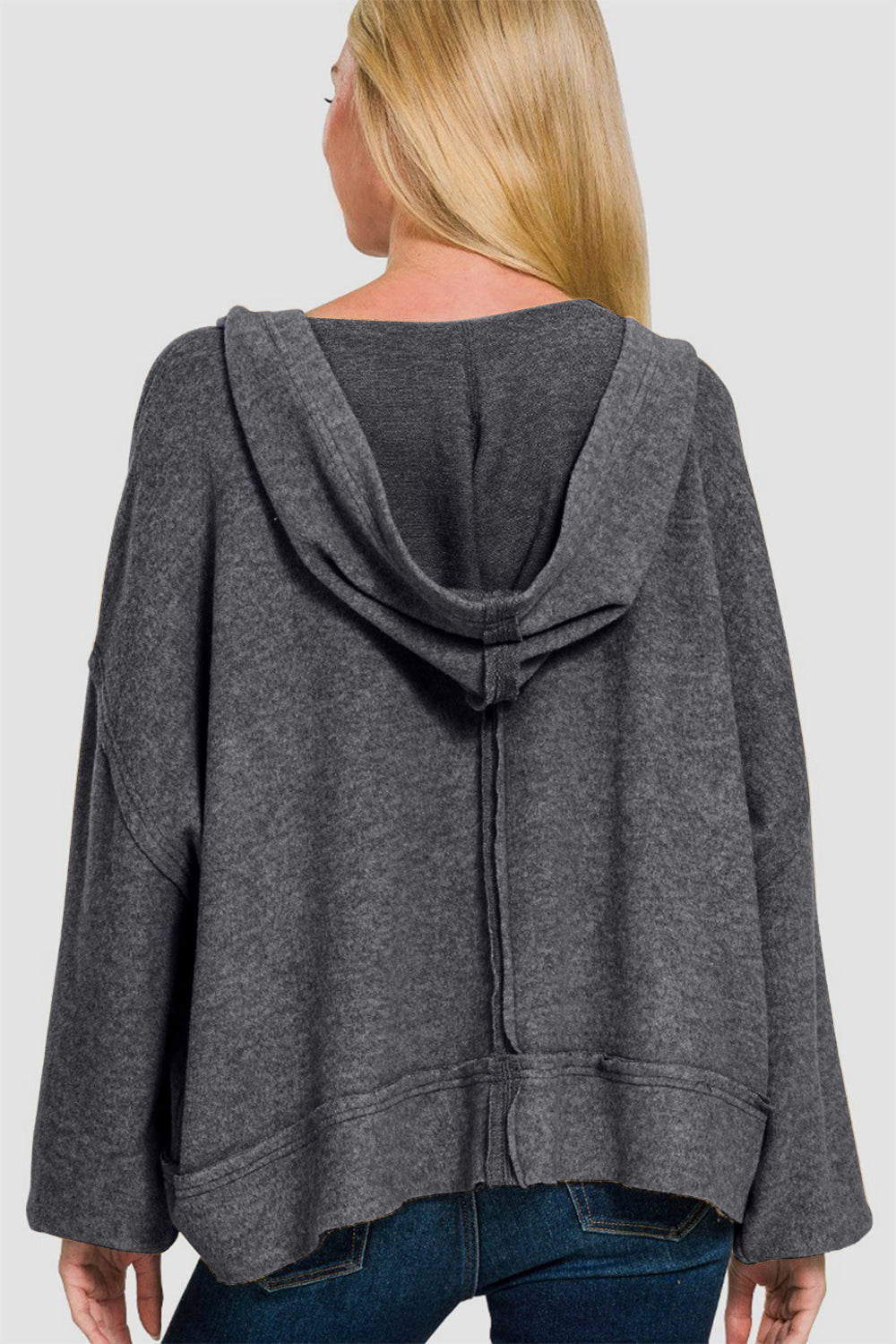 ZENANA Brushed Hacci Exposed Seam Balloon Sleeves Hoodie Sweatshirt | Black