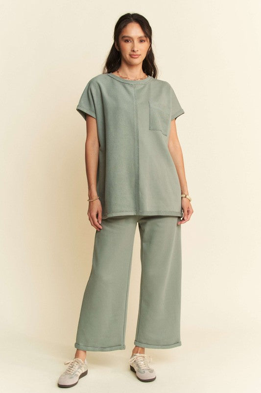 Davi & Dani Crew Neck Short Sleeves Top & Wide Leg Pants Lounge Set | Olive Sage