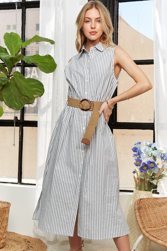 ADORA Striped Pattern Button Down Elastic Waist Sleeveless Midi Dress | Chambray