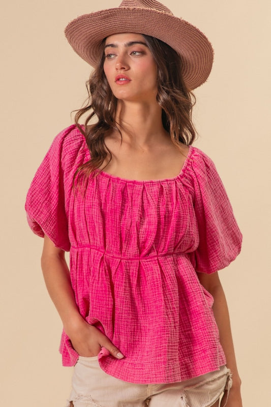 BiBi Pleated Detail Puff Sleeves Square Neck Washed Blouse | Fuchsia