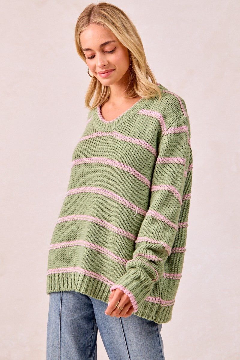 BiBi Striped Pattern Long Sleeves Oversized Ribbed Pullover Sweater | Marsala