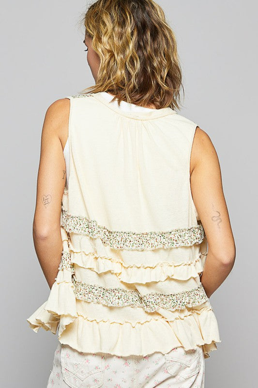 POL Floral Pattern Ruffle Detail Sleeveless Flowy Open Front Cardigan | Cream