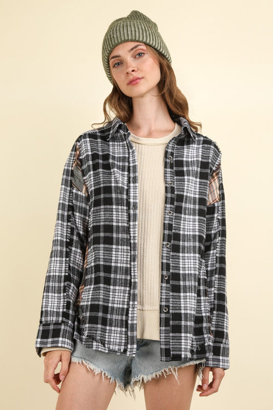 VERY J Contrast Plaid Pattern Frayed Detail Long Sleeves Oversized Shirt | Black