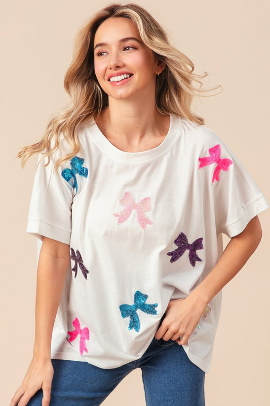 BiBi Solid Drop Shoulders Sequin Bows Patch Short Sleeves T-Shirt | Off White