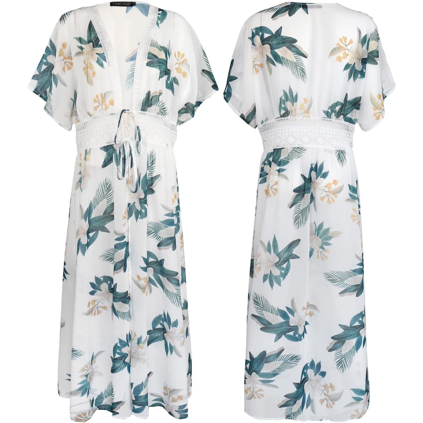 Chiffon Floral Print Lace Trim Cover Up Longline Beachwear | Size XL