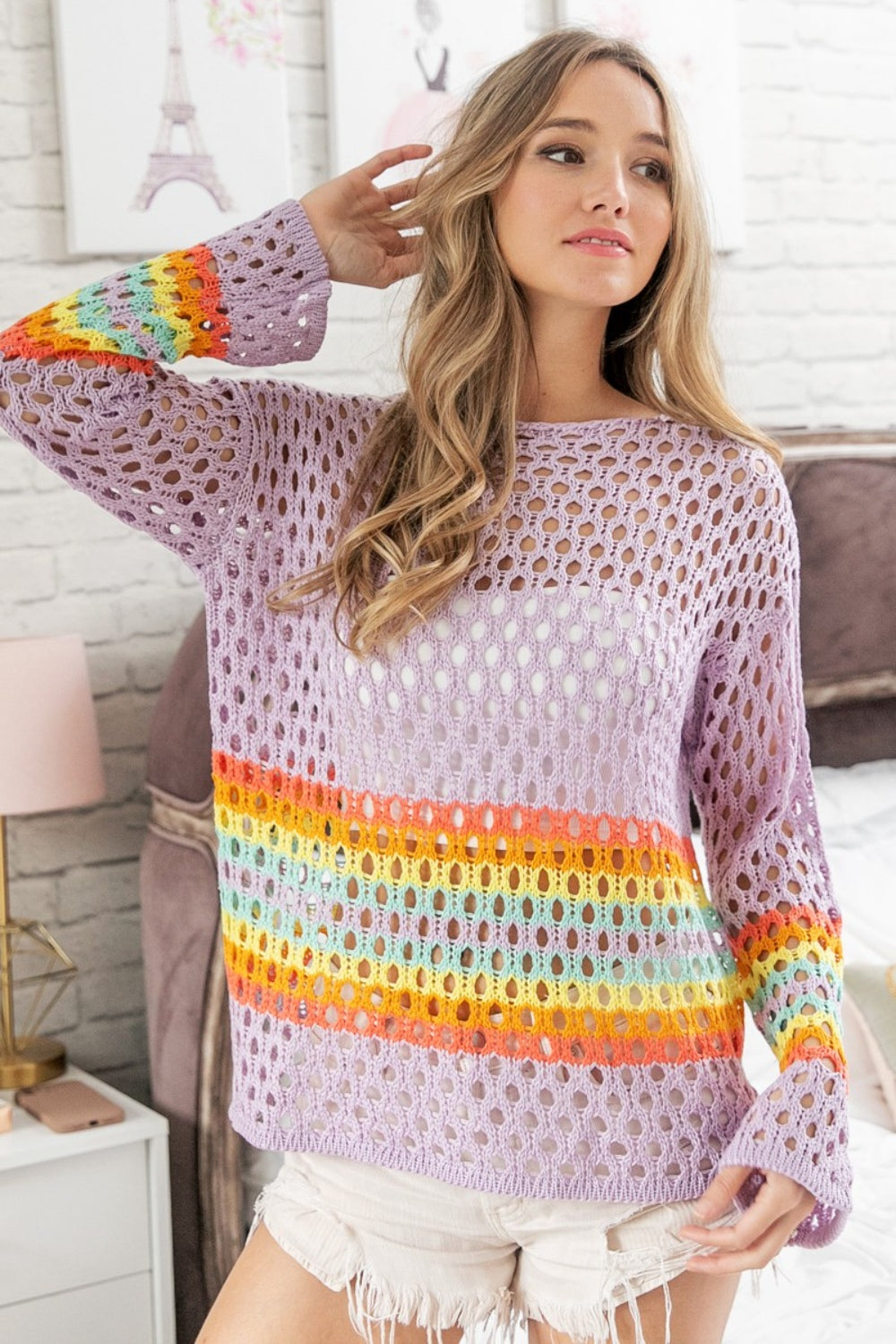 BiBi Relaxed Fit Long Sleeves Rainbow Stripe Hollow Out Cover Up Top