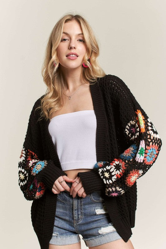 ADORA Contrast Crochet Open Front Long Sleeves Ribbed Sweater Cardigan | Black