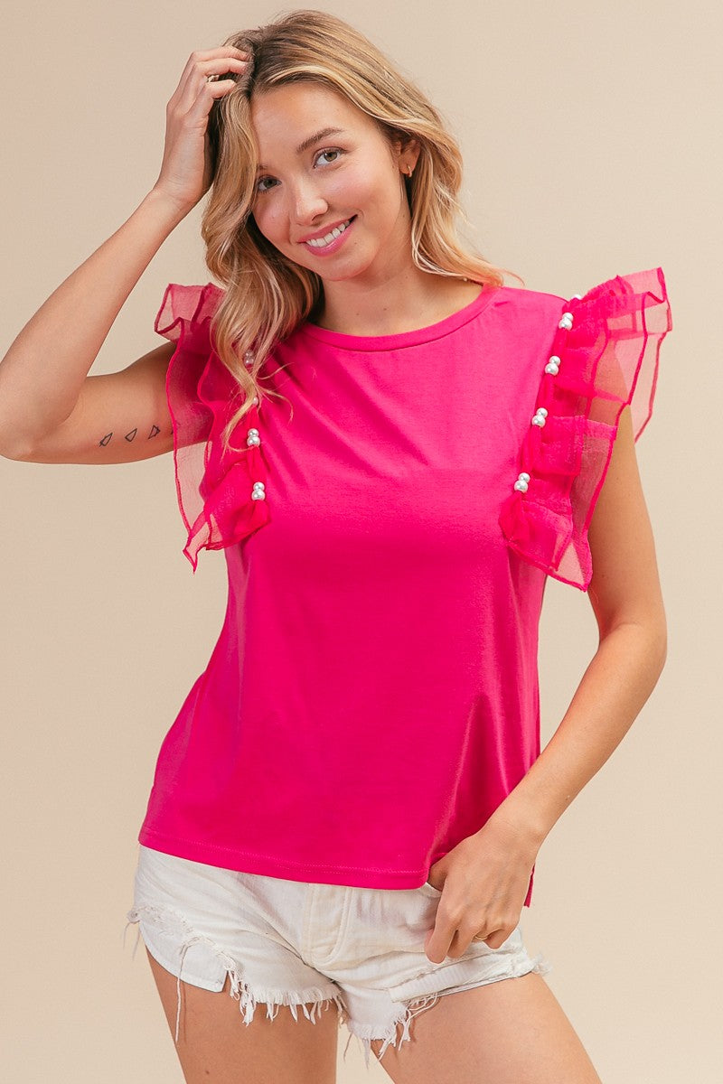 BiBi Pearl Decor Mesh Ruffle Sleeves High-Low Hem Round Neck Top | Fuchsia