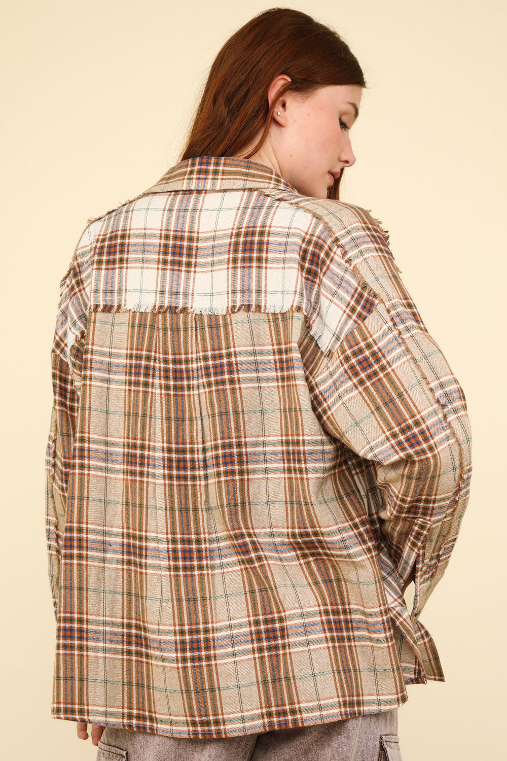 VERY J Contrast Plaid Pattern Frayed Detail Long Sleeves Oversized Shirt | Taupe