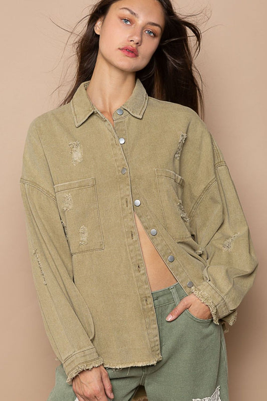 POL Oversized Button Down Raw Hem Distressed Chest Pocket Shacket | Mocha Herb