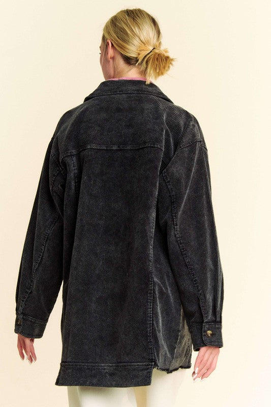 Davi & Dani Washed Corduroy Raw Hem Button Up Relaxed Fit Retro Shacket | Black