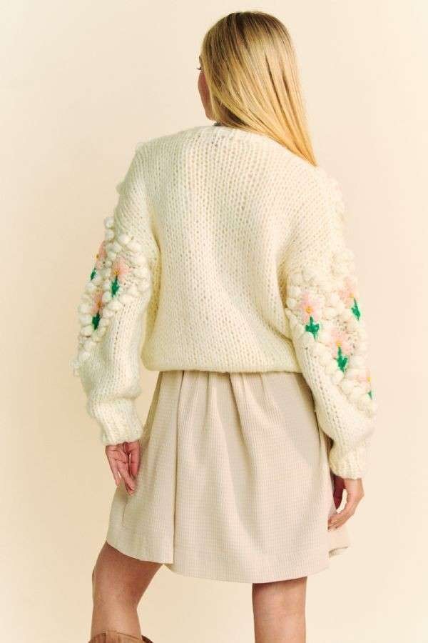 Davi & Dani Embellishments Floral Pattern Button Up Chunky Knit Cardigan | Cream