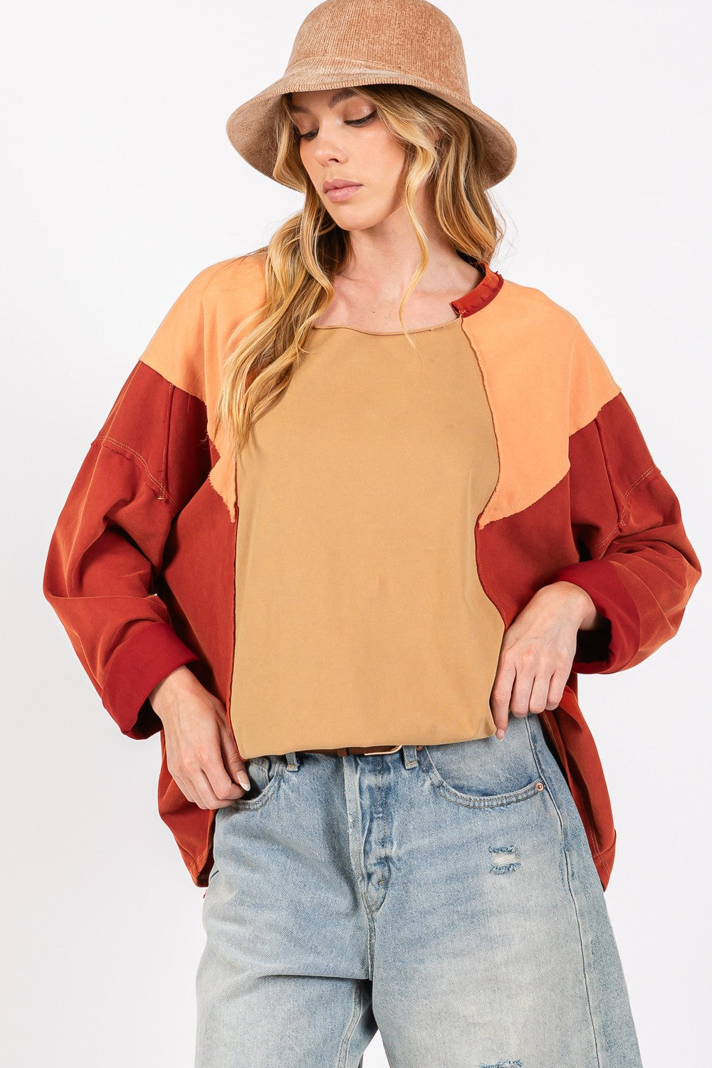 SAGE + FIG Mineral Wash Color Block Detail Long Sleeves Oversized Top | Toast