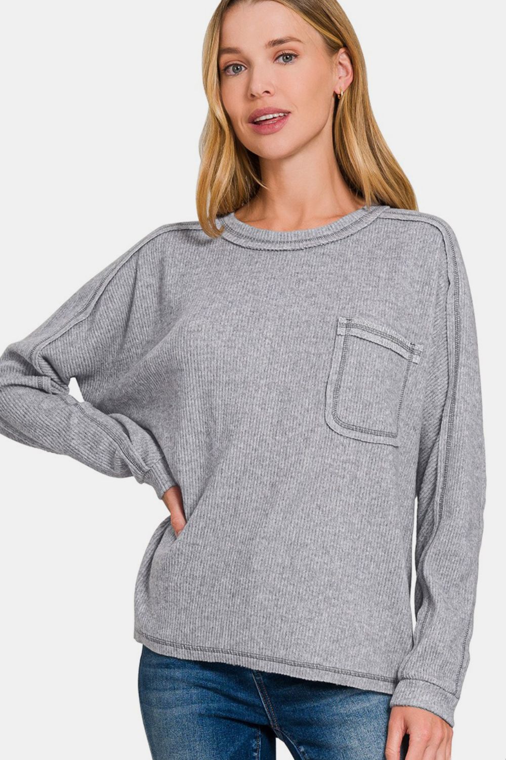 Zenana Contrast Stitching Brushed Ribbed Hacci Round Neck Knit Top | H Grey