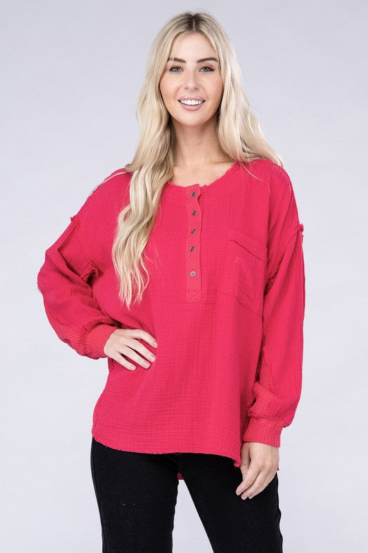 ZENANA Double Gauze Oversized 3/4 Button Henley Neck Top