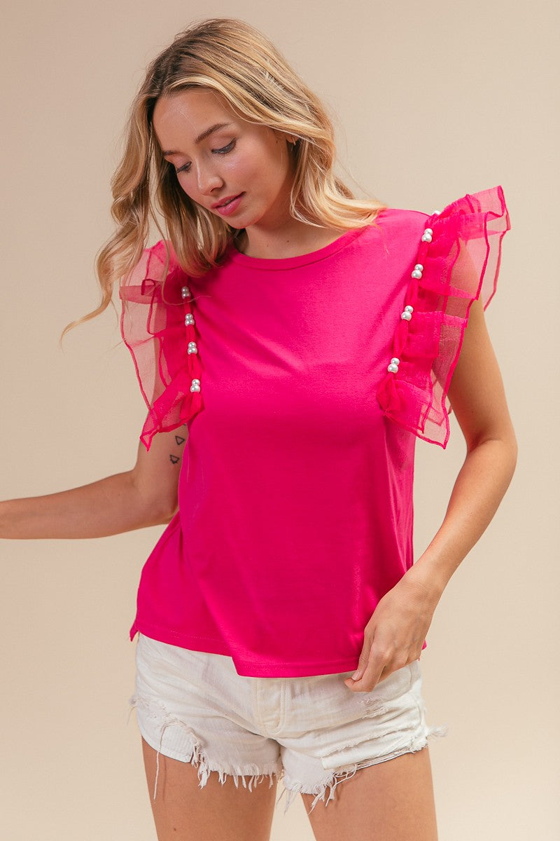 BiBi Pearl Decor Mesh Ruffle Sleeves High-Low Hem Round Neck Top | Fuchsia