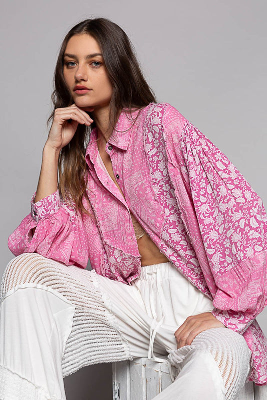 POL Button Down Long Sleeves Paisley Pattern High-Low Hem Oversized Shirt | Pink