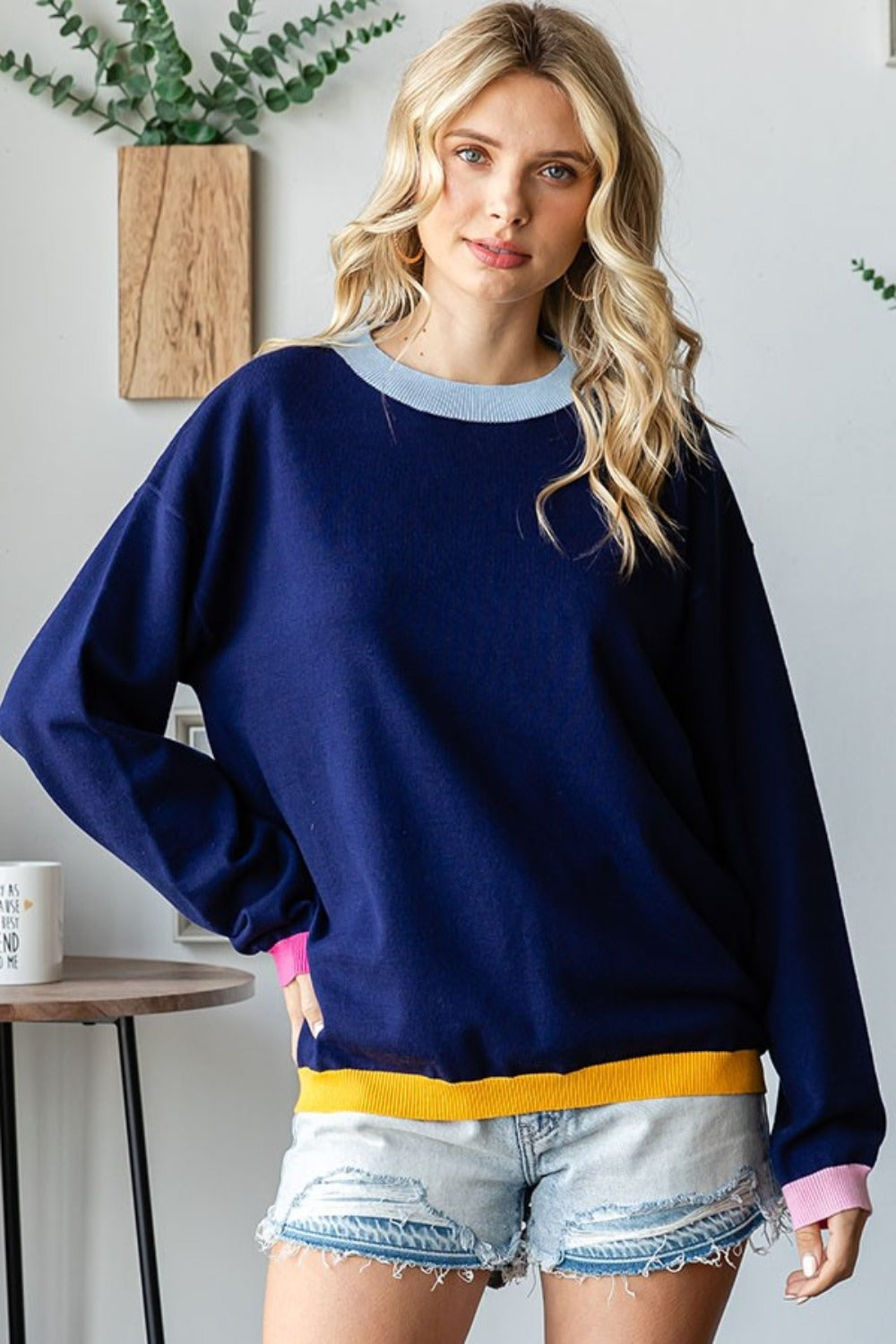 First Love Contrast Ribbed Round Neck Long Sleeves Pullover Sweater | Navy