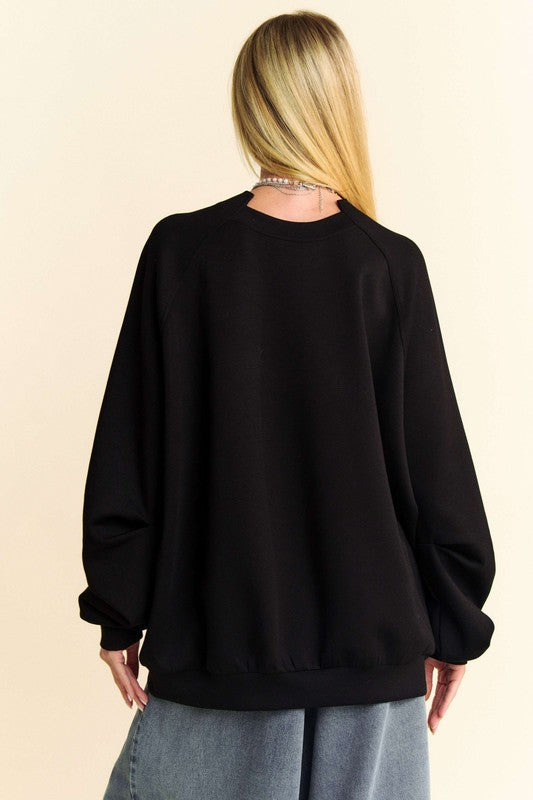 Davi & Dani Round Neck Raglan Sleeves Relaxed Fit Pullover Sweatshirt | Black