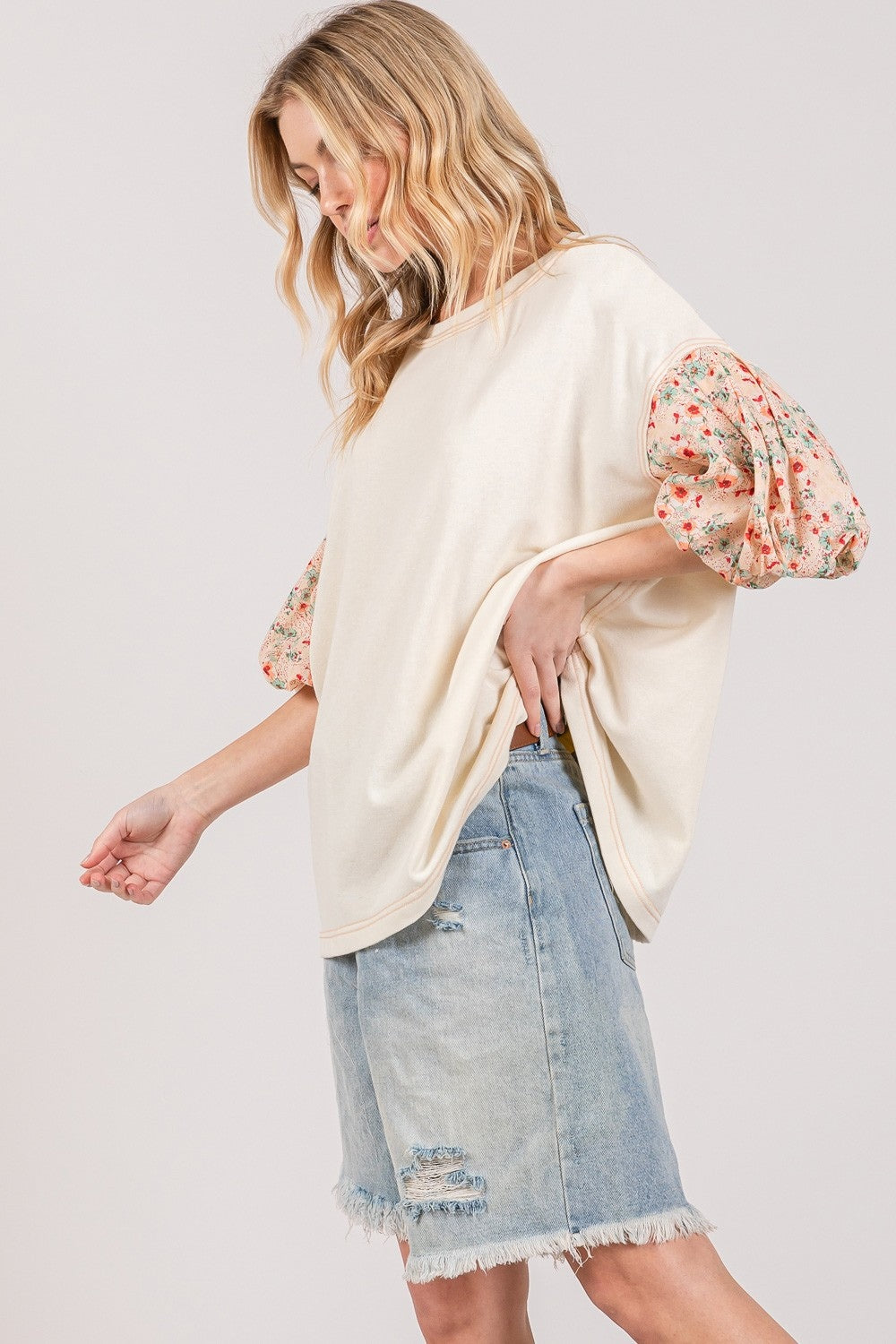 SAGE + FIG Floral Bubble Sleeves Cotton Round Neck Oversize Pullover Top