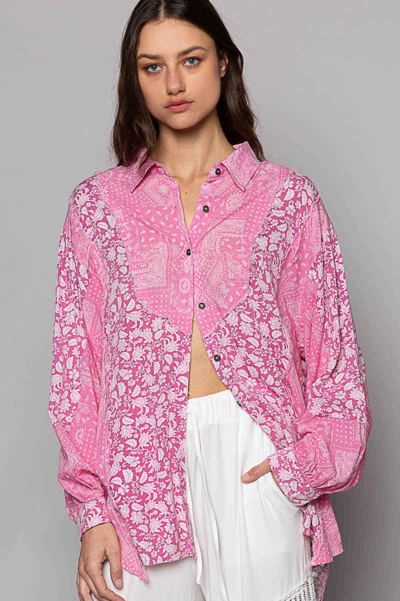 POL Button Down Long Sleeves Paisley Pattern High-Low Hem Oversized Shirt | Pink