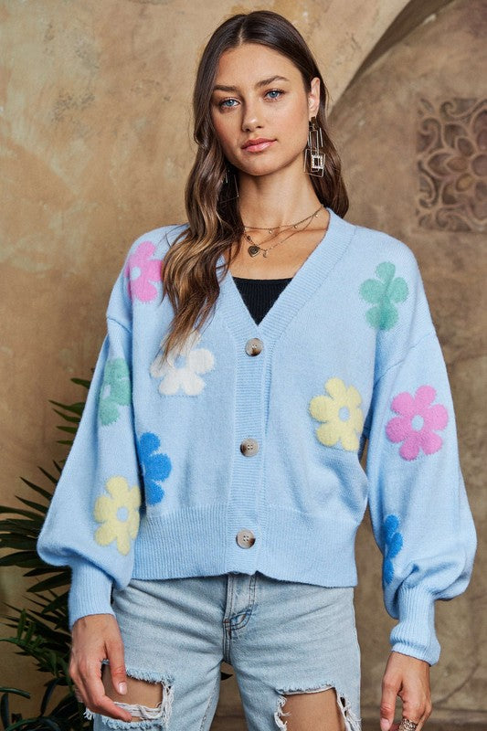 ADORA Flower Button Down Lantern Sleeve Cardigan | Lt Blue