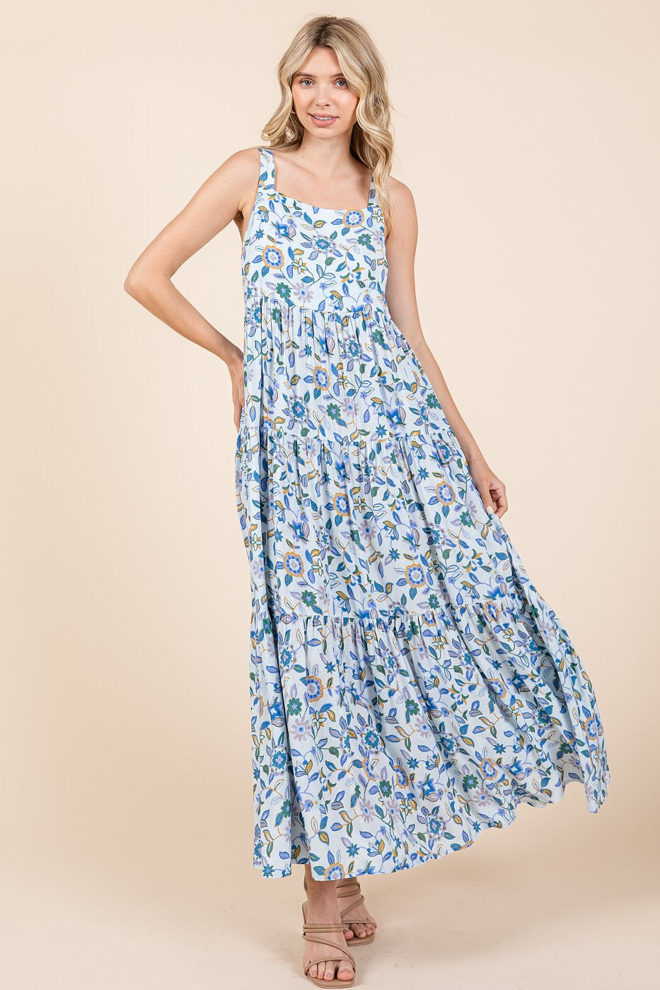 Mittoshop Flower Print Tiered Square Neck Sleeveless Empire Maxi Dress | Blue