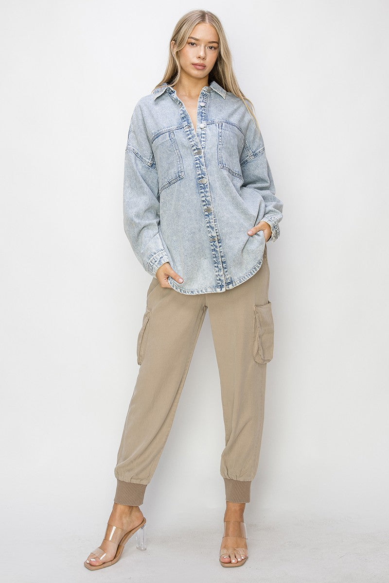 RISEN Oversized Button Up Long Sleeves Chest Pockets Light Wash Shacket