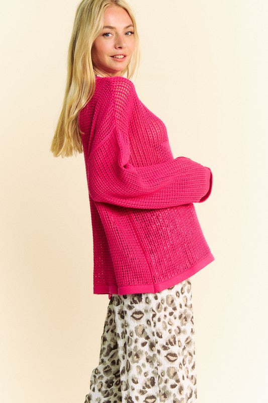 Davi & Dani Star Front Crochet Drop Shoulder Open Knit Pullover Sweater | Rose