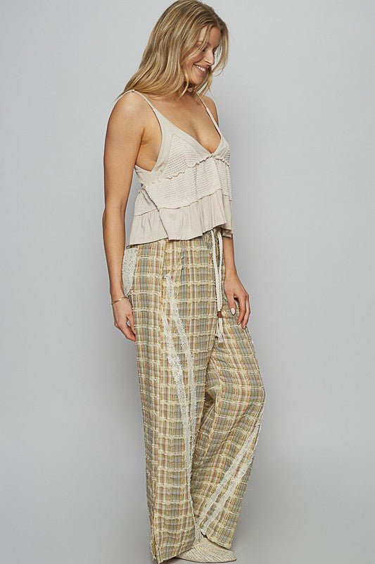 POL Lace Trim Drawstring Checkered Pattern Roomy Fit Wide Leg Pants | Sage