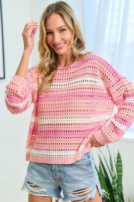 First Love Striped Print Long Sleeves Round Neck Openwork Knit Top | Pink