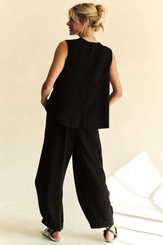 Davi & Dani Drawstring Hem Crew Neck Tank Top &  Elastic Waist Pants Set