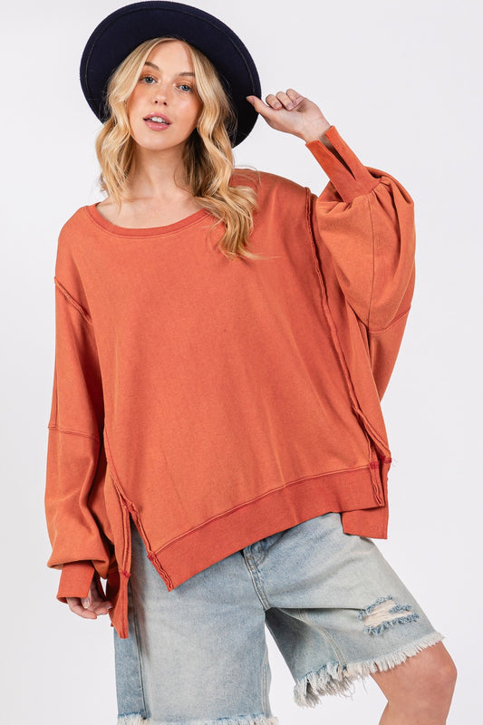 SAGE + FIG Mineral Wash Side Slit Wide Scoop Neck Oversize Sweatshirt | Amber