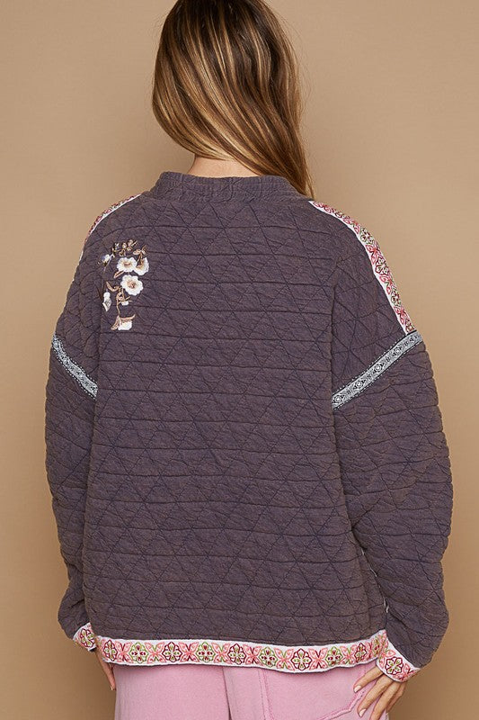 POL Vintage Washed Embroidered Open Front Long Sleeves Quilted Jacket | Mauve