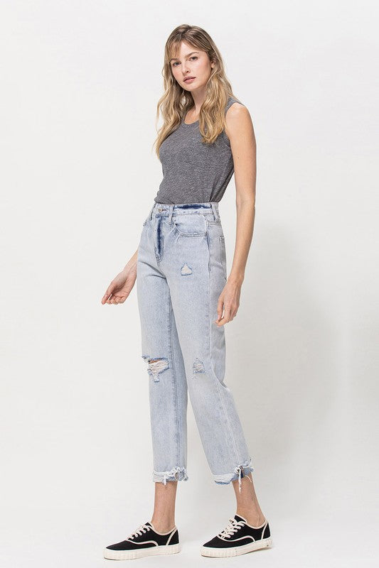 VERVET Minor Mishap Super High Rise Distressed Relaxed Cuffed Straight Jeans