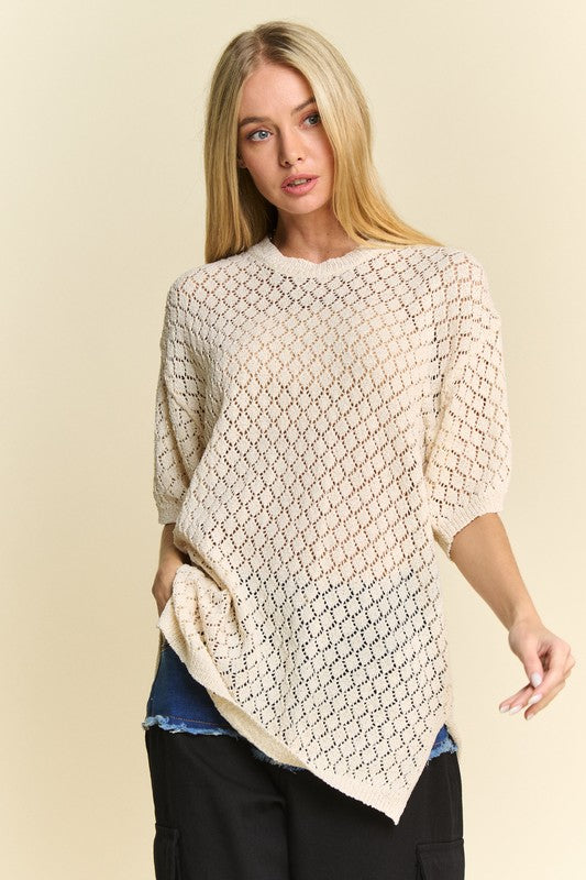 Davi & Dani Side Slit Openwork Round Neck Half Sleeves Knit Cover Up Top | Cream