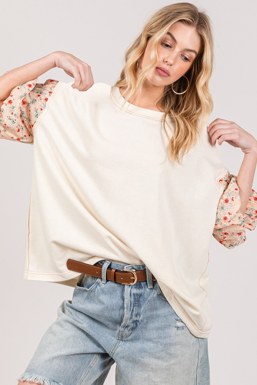 SAGE + FIG Floral Bubble Sleeves Cotton Round Neck Oversize Pullover Top