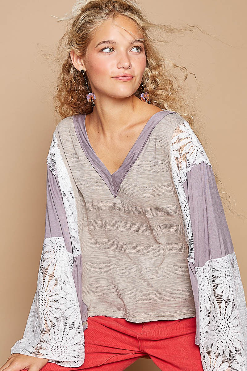 POL Floral Lace Details V-Neck Long Flare Sleeves Relaxed Fit Blouse | Gray