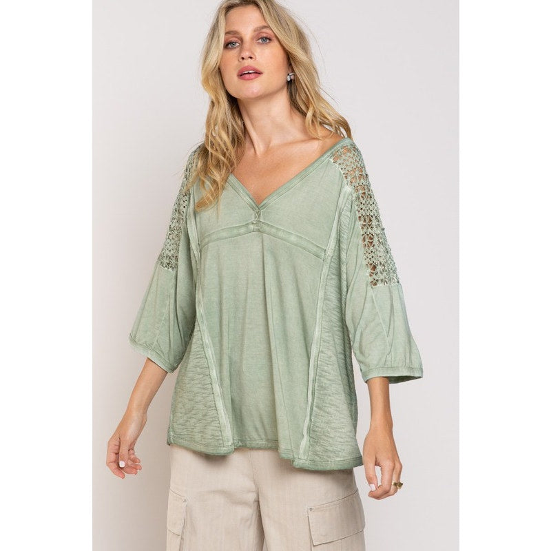 POL Feminine Boho Crochet Sleeves Raw Edge Back Yoke Soft Sage Blouse | Size S