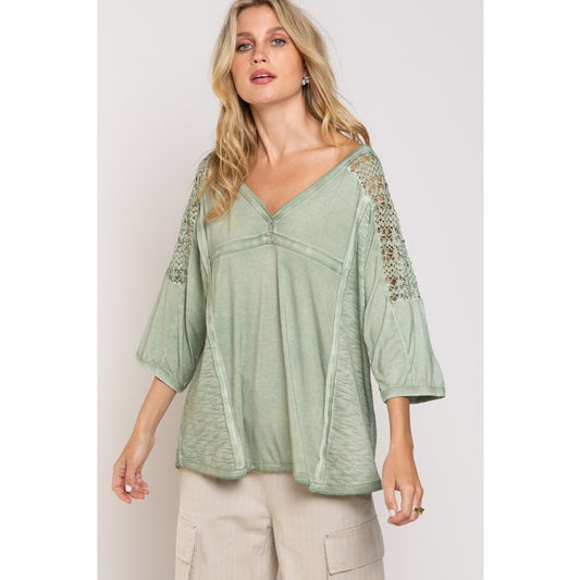 POL Feminine Boho Crochet Sleeves Raw Edge Back Yoke Soft Sage Blouse | Size S