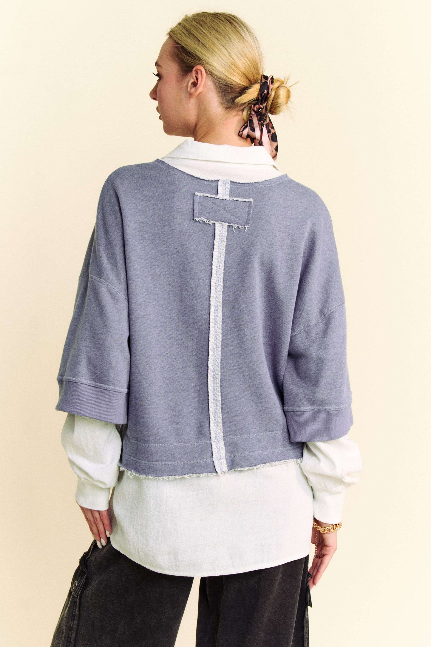 Davi & Dani Faux Layer French Terry Contrast Loose Fit Sweatshirt | Denim Blue