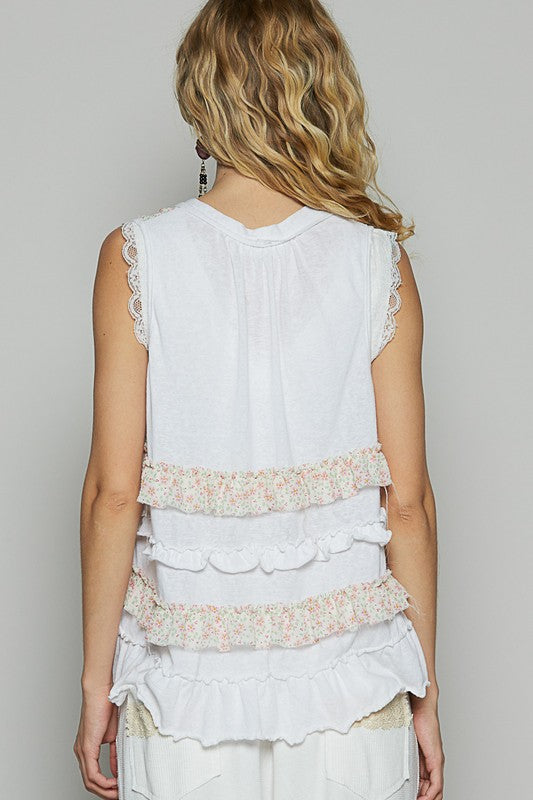 POL Floral Pattern Ruffle Detail Sleeveless Flowy Open Front Cardigan | White