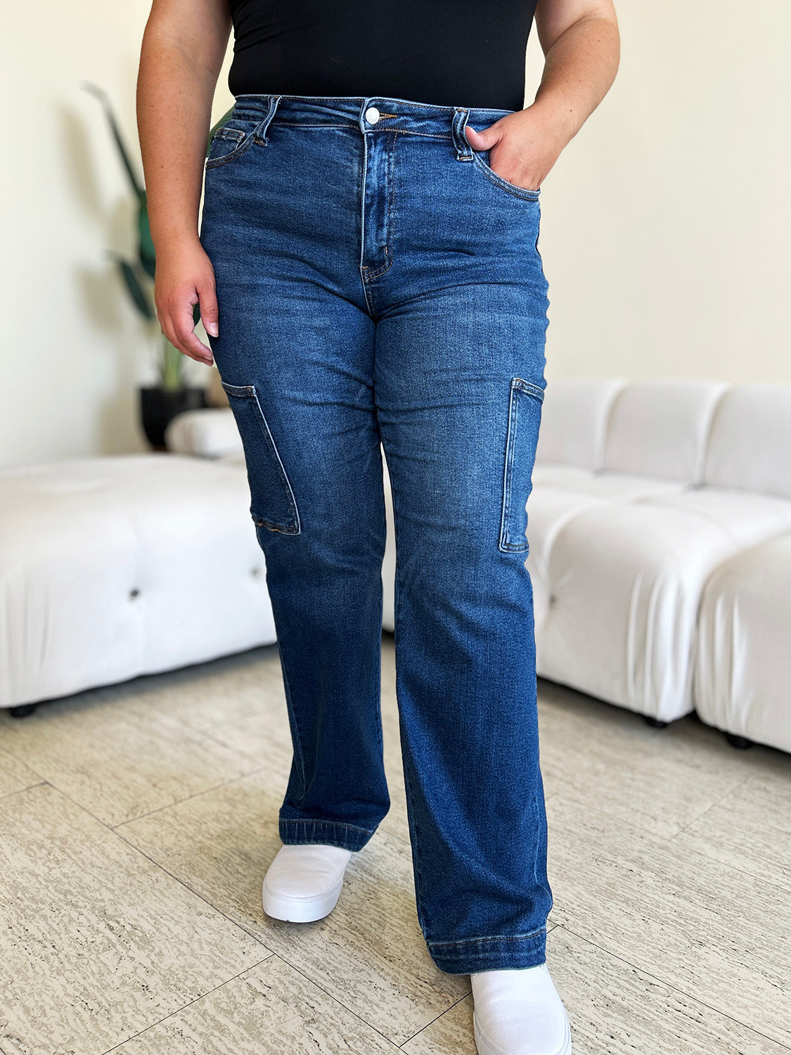 Judy Blue Full Size High Waist Cargo Pockets Dark Wash Straight Denim Jeans